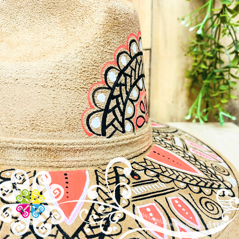 Tan Indiana Mitla Velvet Hat - Hand Painted Hat