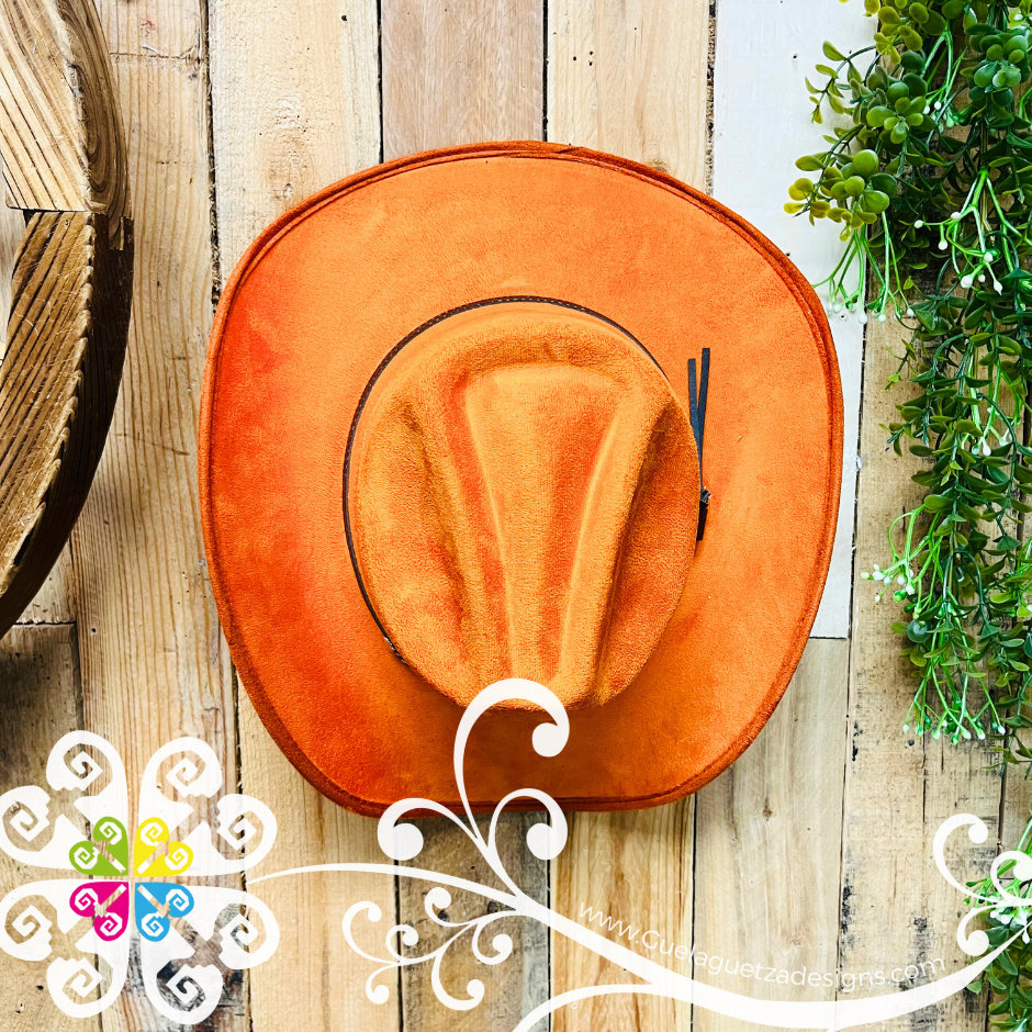 Bright Orange Mitla Cowboy Velvet Hat - Hand Painted Hat