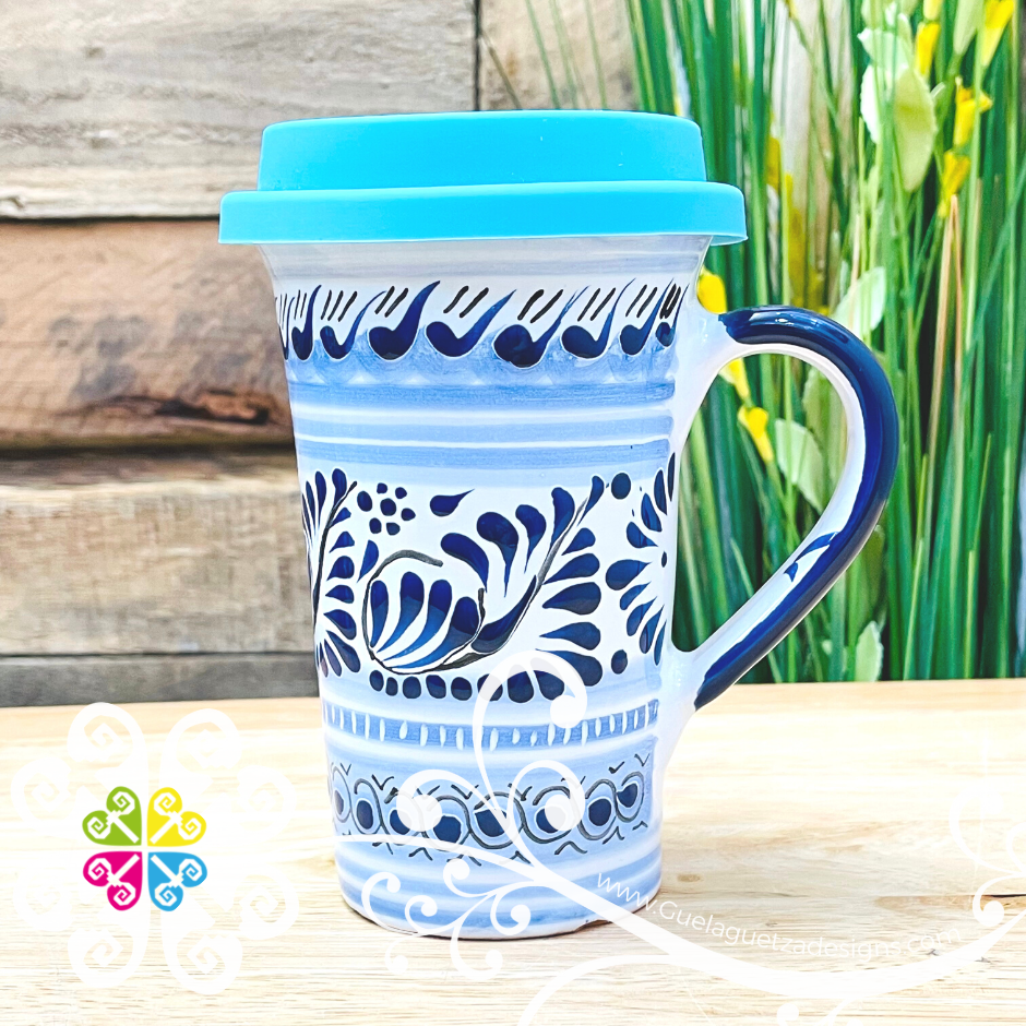 Blue Feathers Talavera Coffee Mug with Lid - Single Talavera Mug