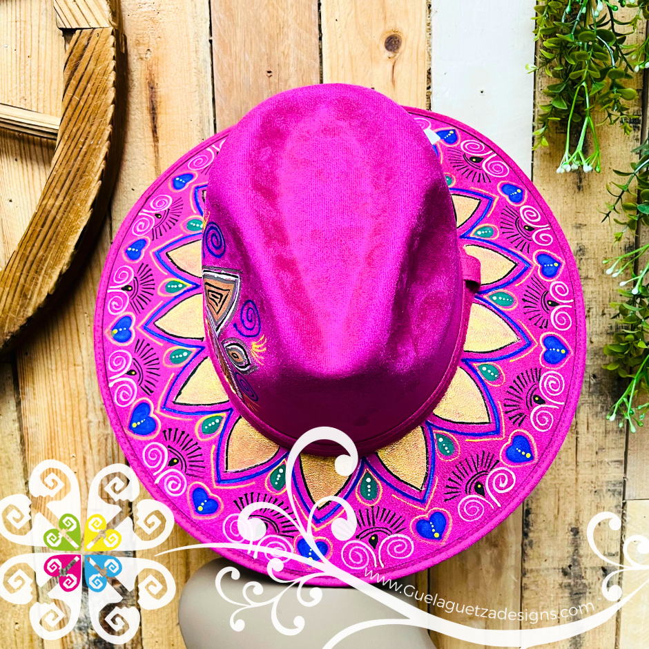 Fuchsia Indiana Mitla Velvet Hat - Hand Painted Hat