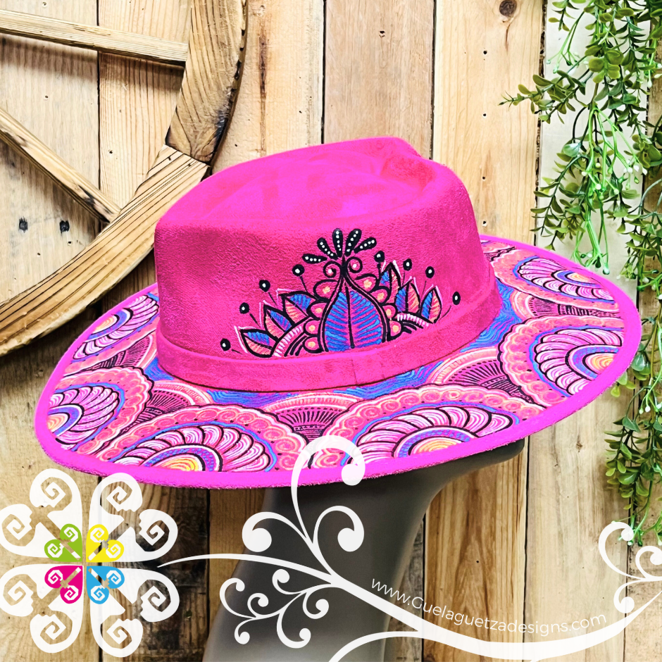 Fuchsia Heart Mitla Velvet Hat - Hand Painted Hat