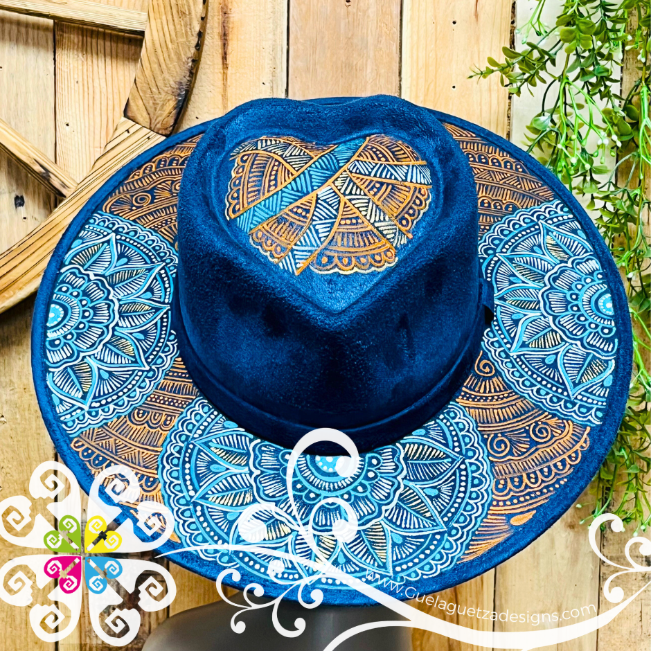 Navy Blue Heart Mitla Velvet Hat - Hand Painted Hat