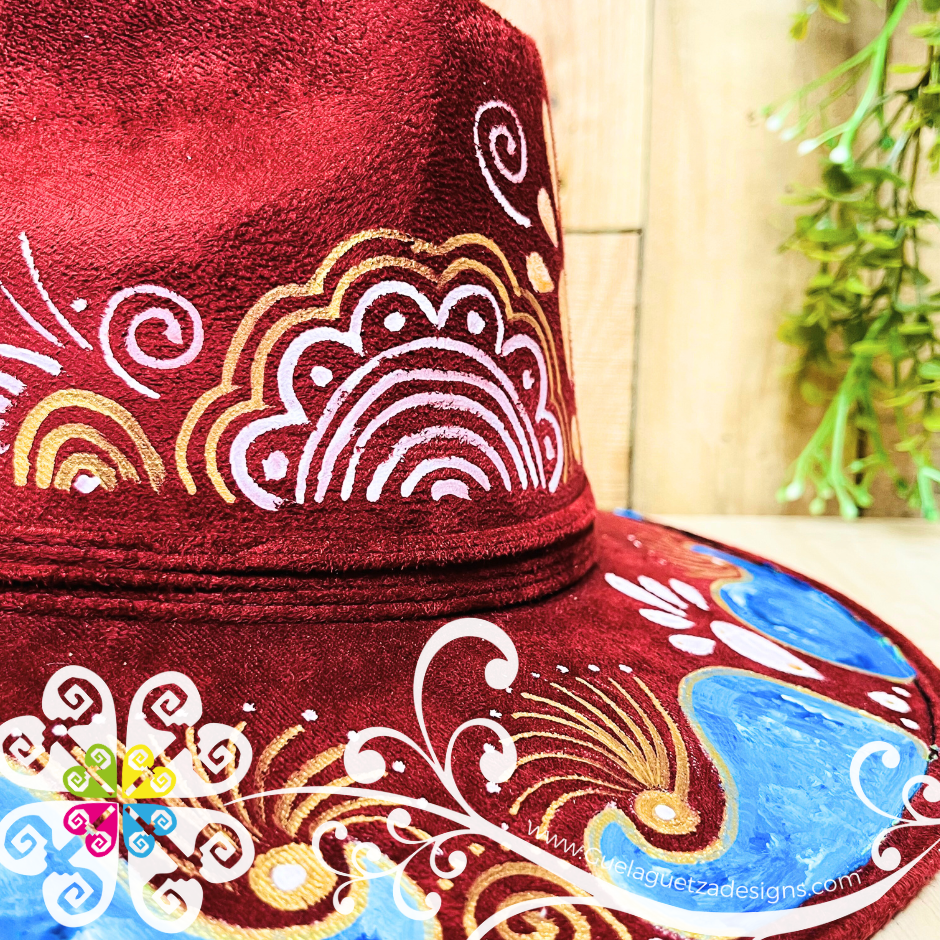 Burgandy Indiana Mitla Velvet Hat - Hand Painted Hat