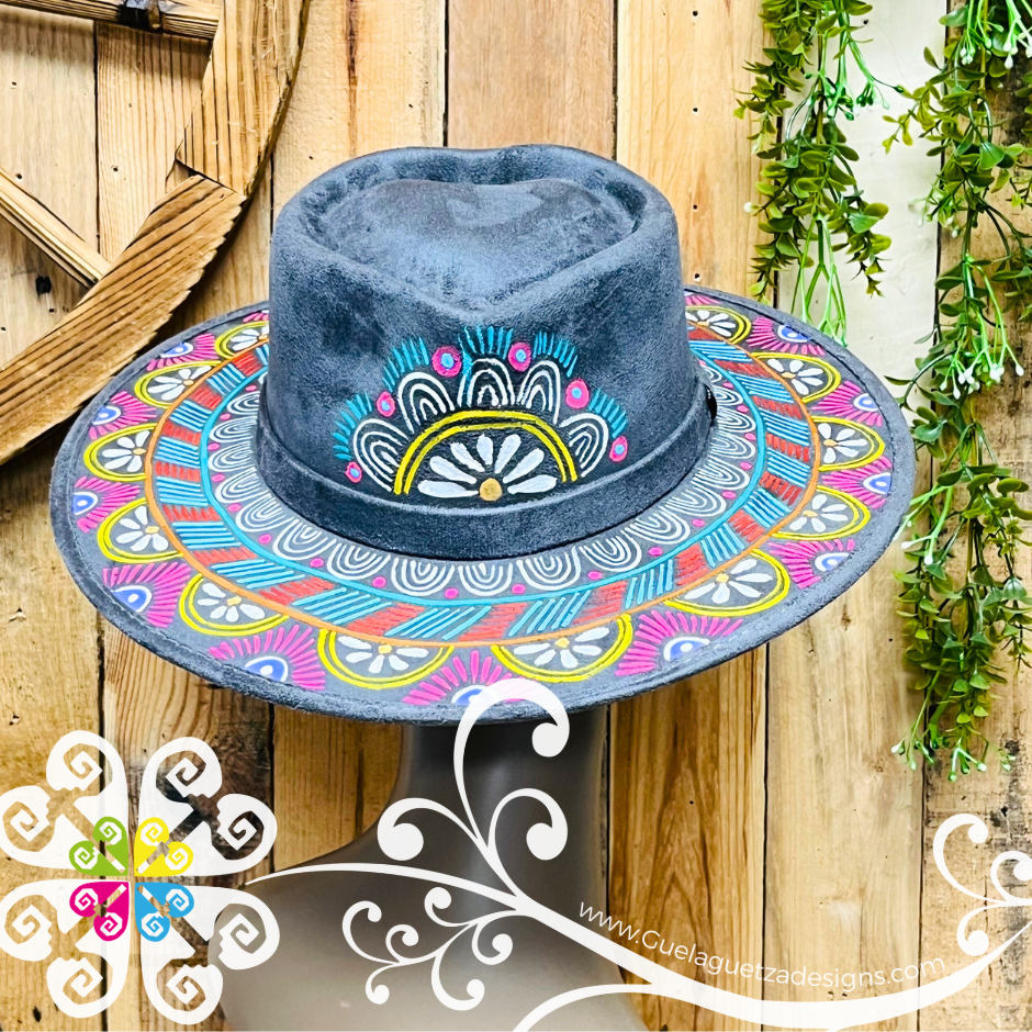 Dark Gray Heart Mitla Velvet Hat - Hand Painted Hat