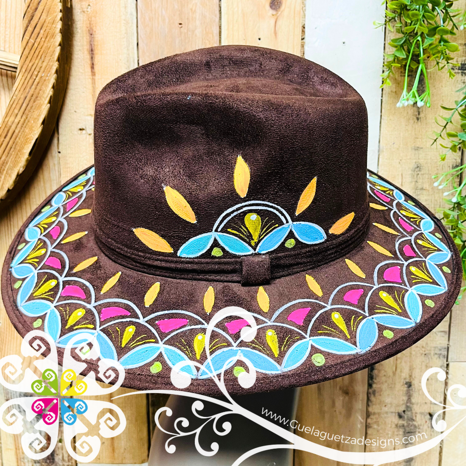 Dark Brown Indiana Mitla Velvet Hat - Hand Painted Hat