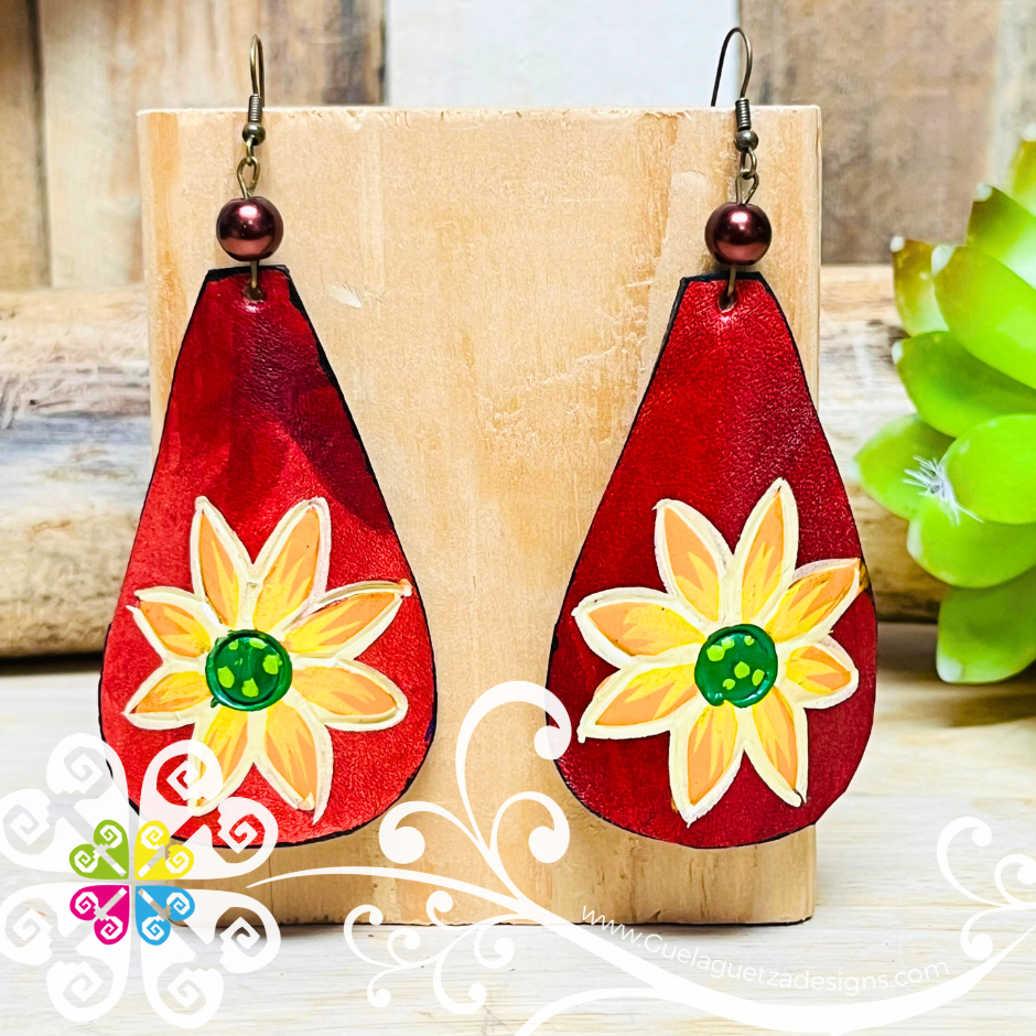 Flower Drop Hand Painted - Artisan Leather Earrings