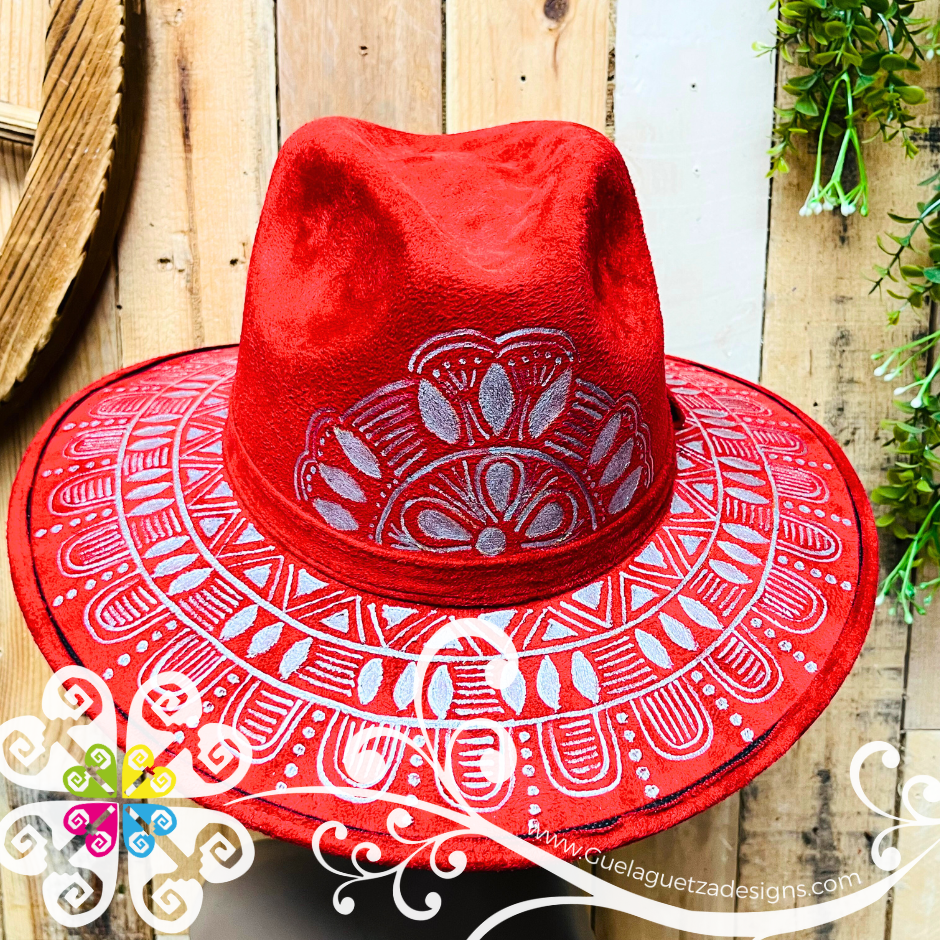 Wine Red Indiana Mitla Velvet Hat - Hand Painted Hat