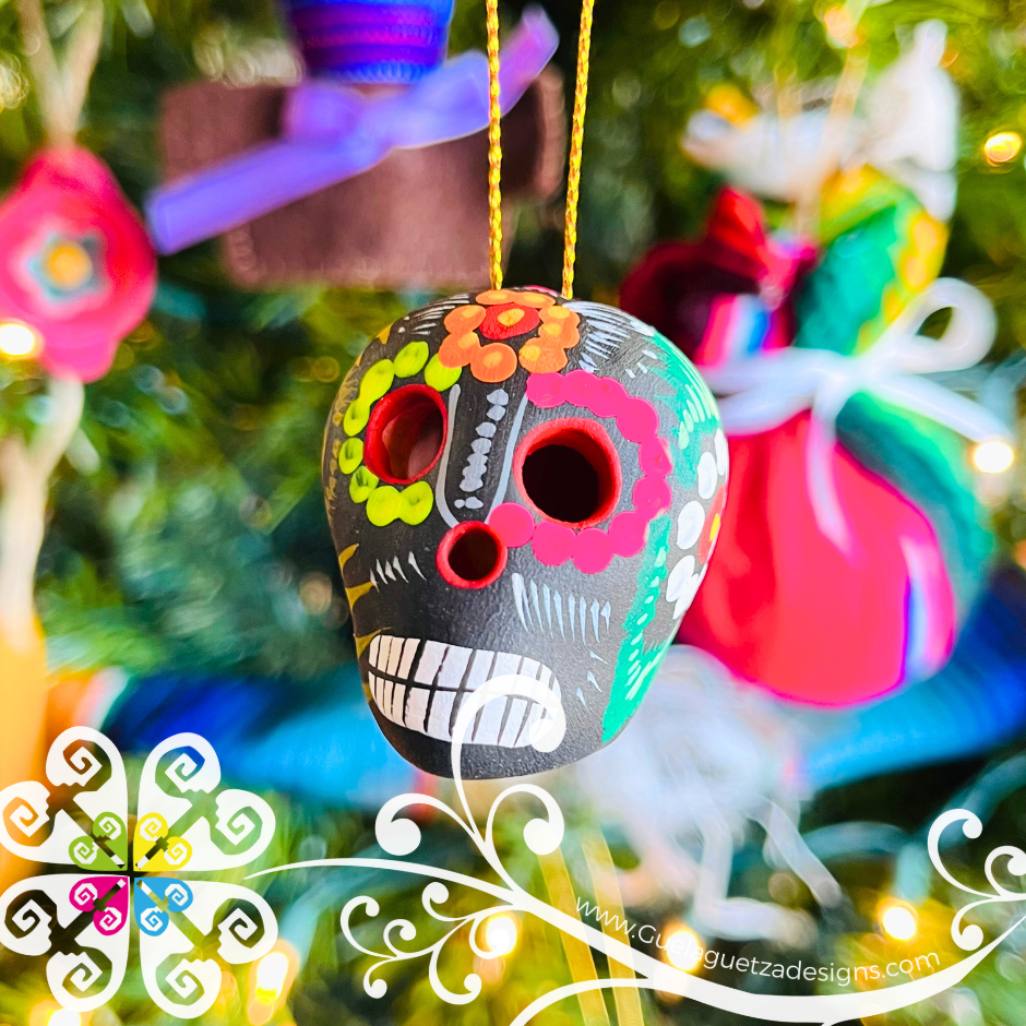 Set of 5 Mini Hand Painted Sugar Skull Ornaments - Calaverita Guerrero