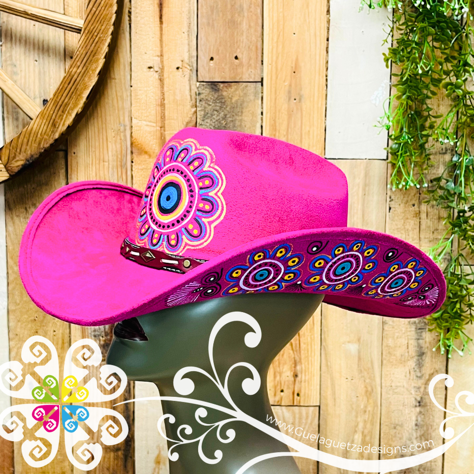 Fuchsia Mitla Cowboy Velvet Hat - Hand Painted Hat