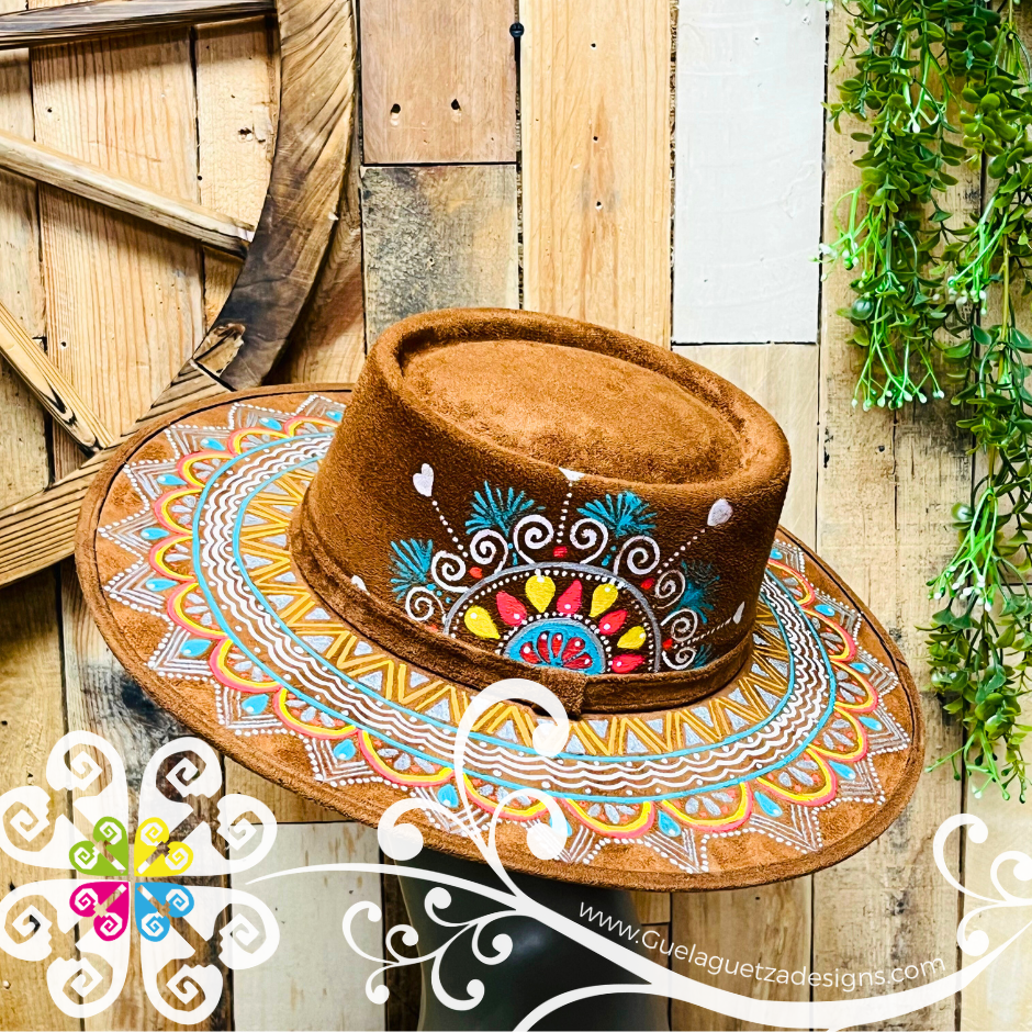 Tobacco Oval Mitla Velvet Hat - Hand Painted Hat