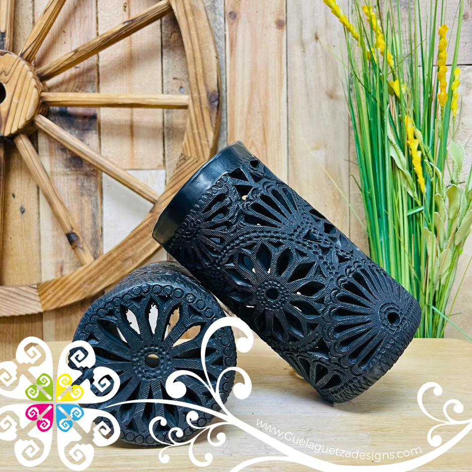 Medium Cylinder Clay Candle Holder - Barro Negro Oaxaca