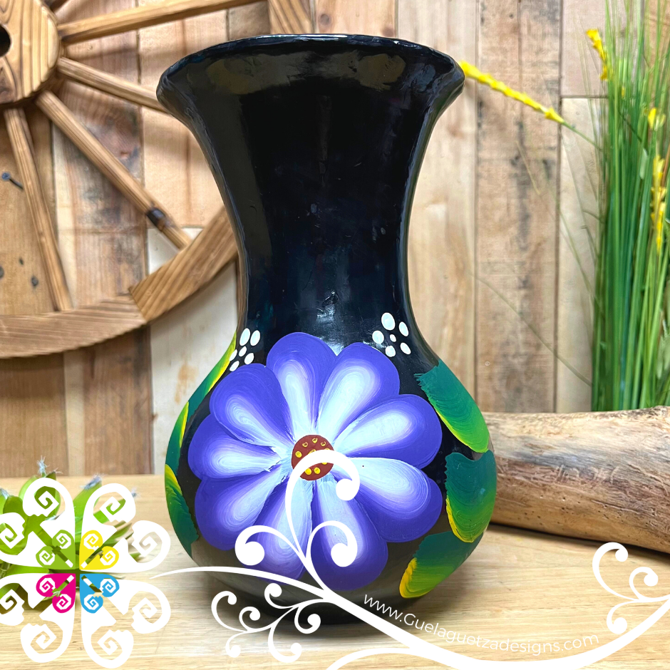 Medium Black Clay Hand Painted Vase - Barro Negro Oaxaca