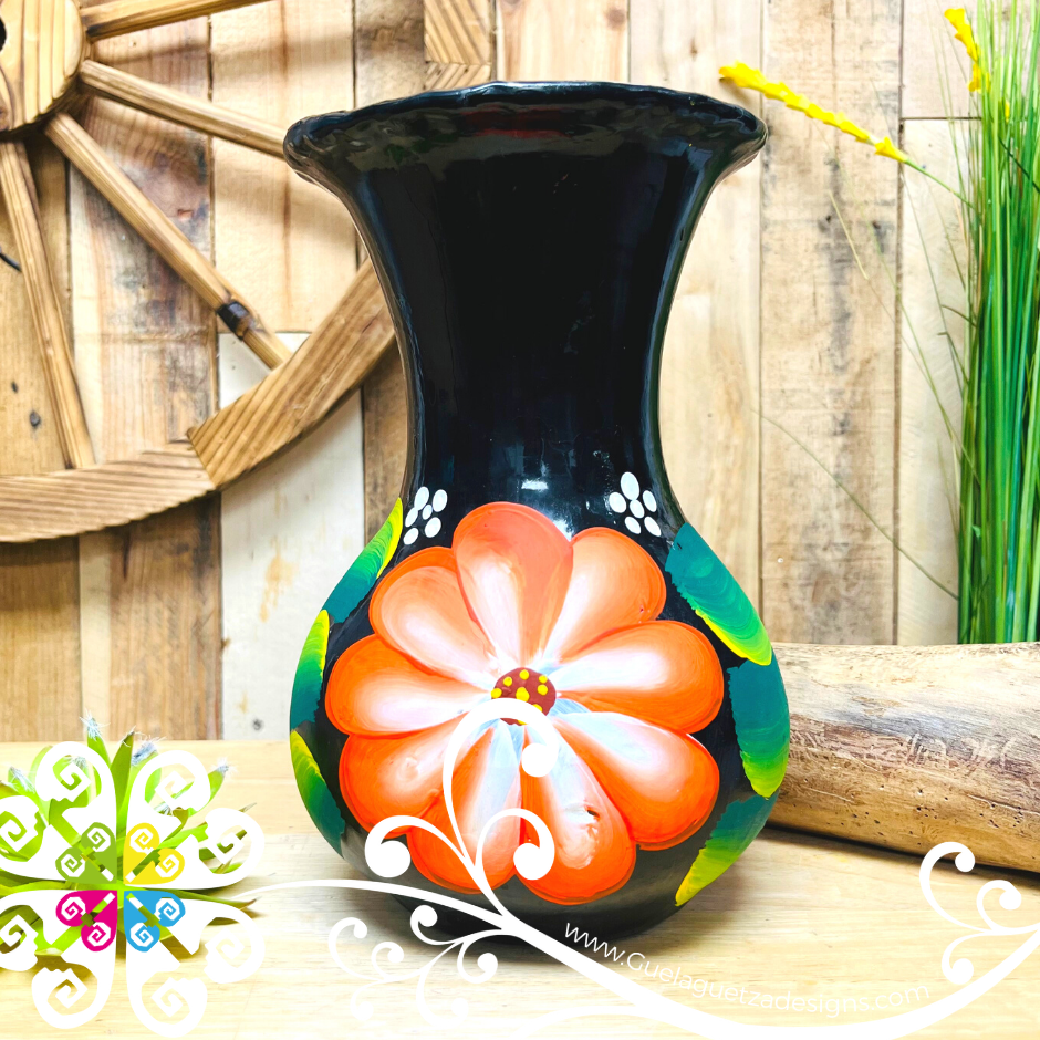 Large Black Clay Hand Painted Vase - Barro Negro Oaxaca