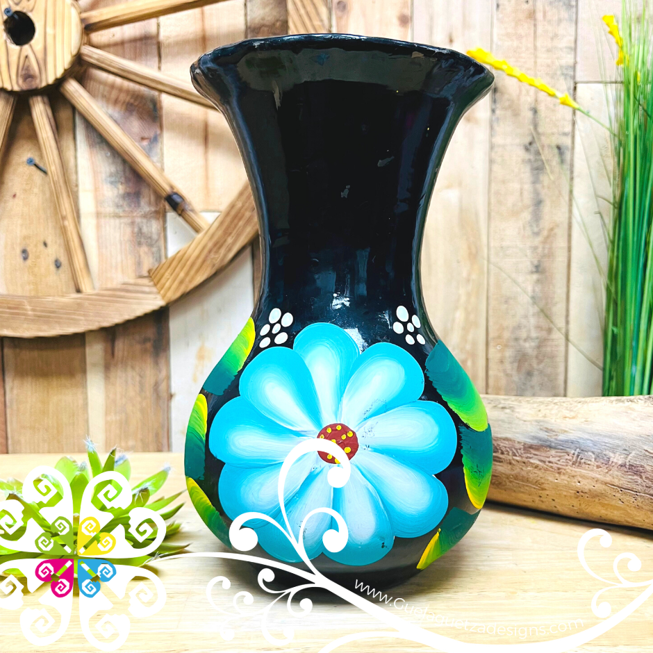 Medium Black Clay Hand Painted Vase - Barro Negro Oaxaca