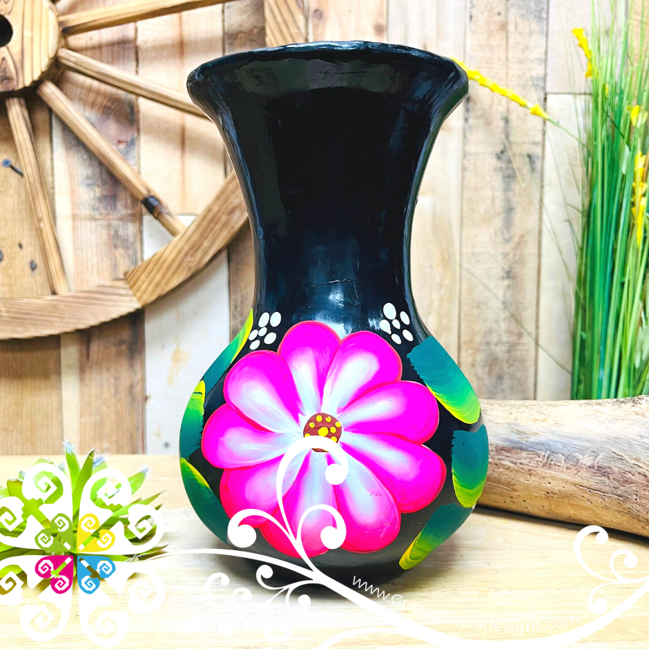 Large Black Clay Hand Painted Vase - Barro Negro Oaxaca