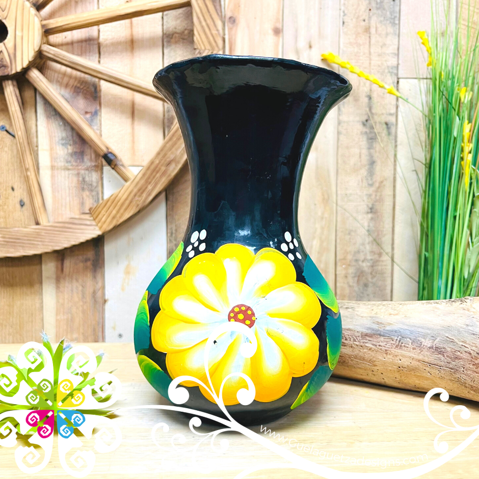 Medium Black Clay Hand Painted Vase - Barro Negro Oaxaca