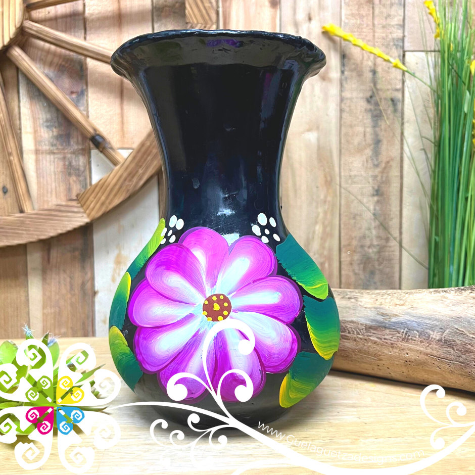 Large Black Clay Hand Painted Vase - Barro Negro Oaxaca