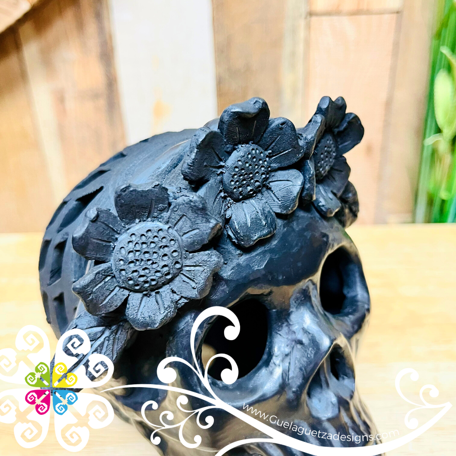 Medium Frida Skull  - Black Clay Oaxaca