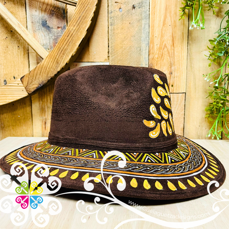 Dark Brown Indiana Mitla Velvet Hat - Hand Painted Hat