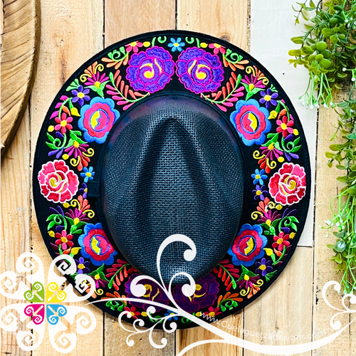 Black Embroider Summer Hat - Black Floral Rim