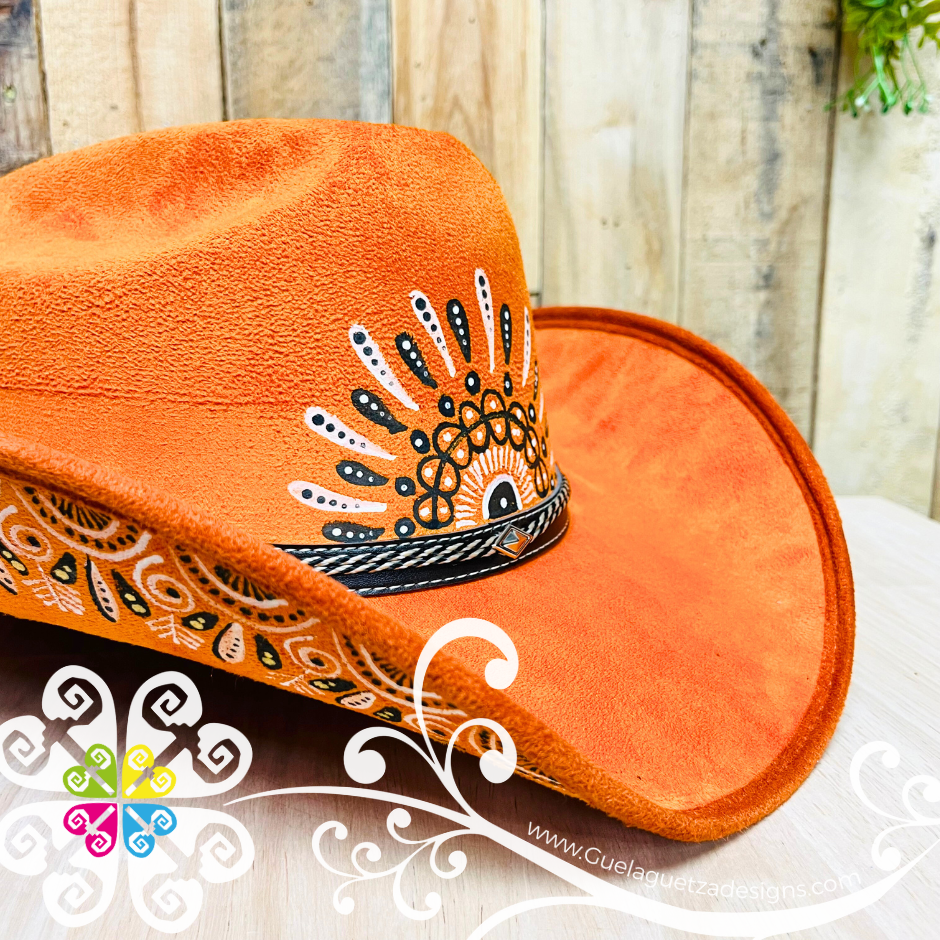 Bright Orange Mitla Cowboy Velvet Hat - Hand Painted Hat