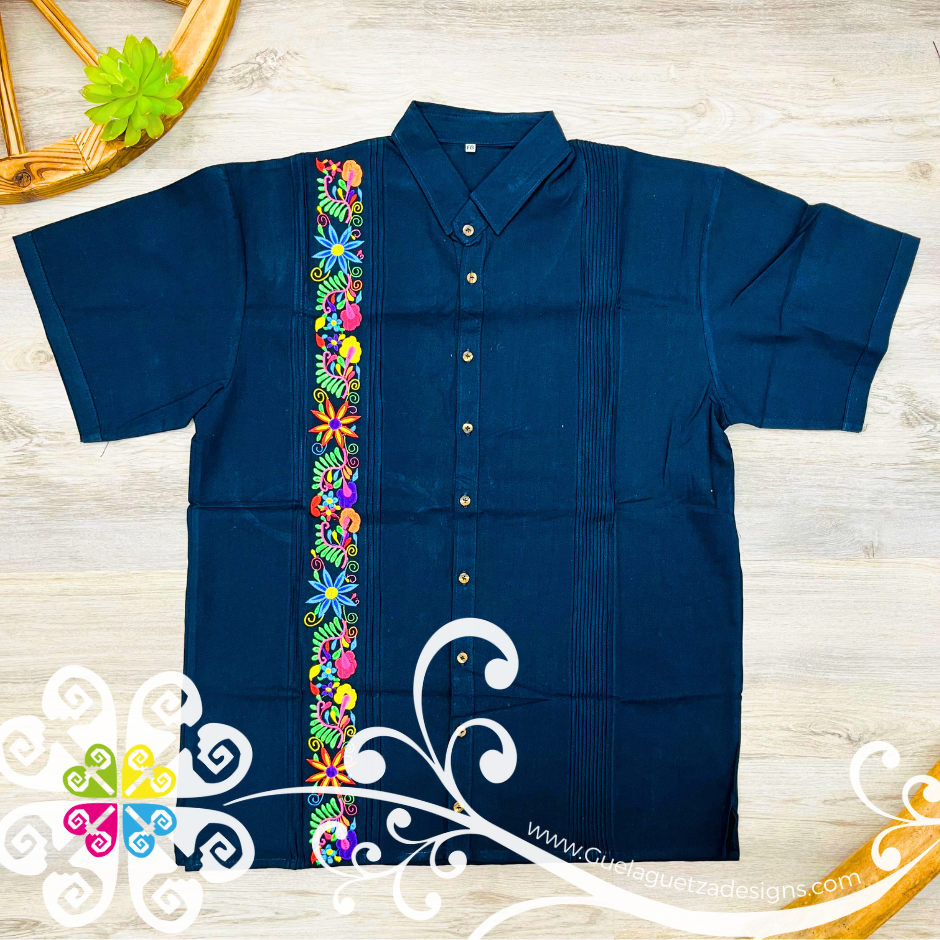 Navy Blue String Flowers - Embroider Men Shirt