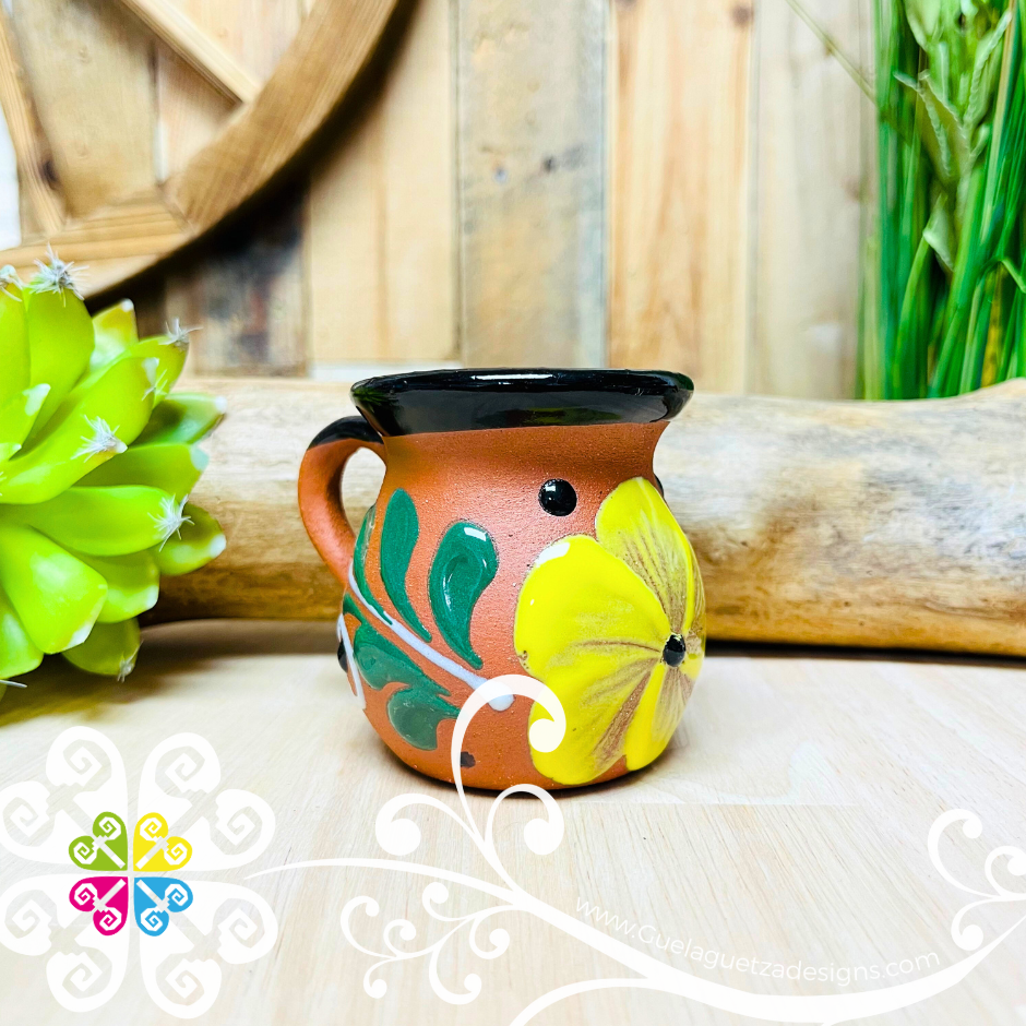 Set of 4 Small Natural Mexican Flower Clay Mugs -  Set Taza Barro