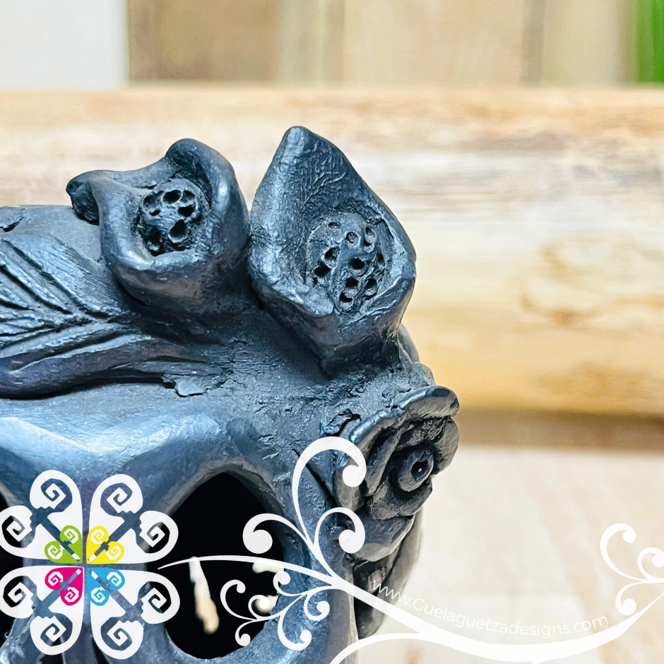 Small Frida Black Clay Skull - Barro Negro Oaxaca