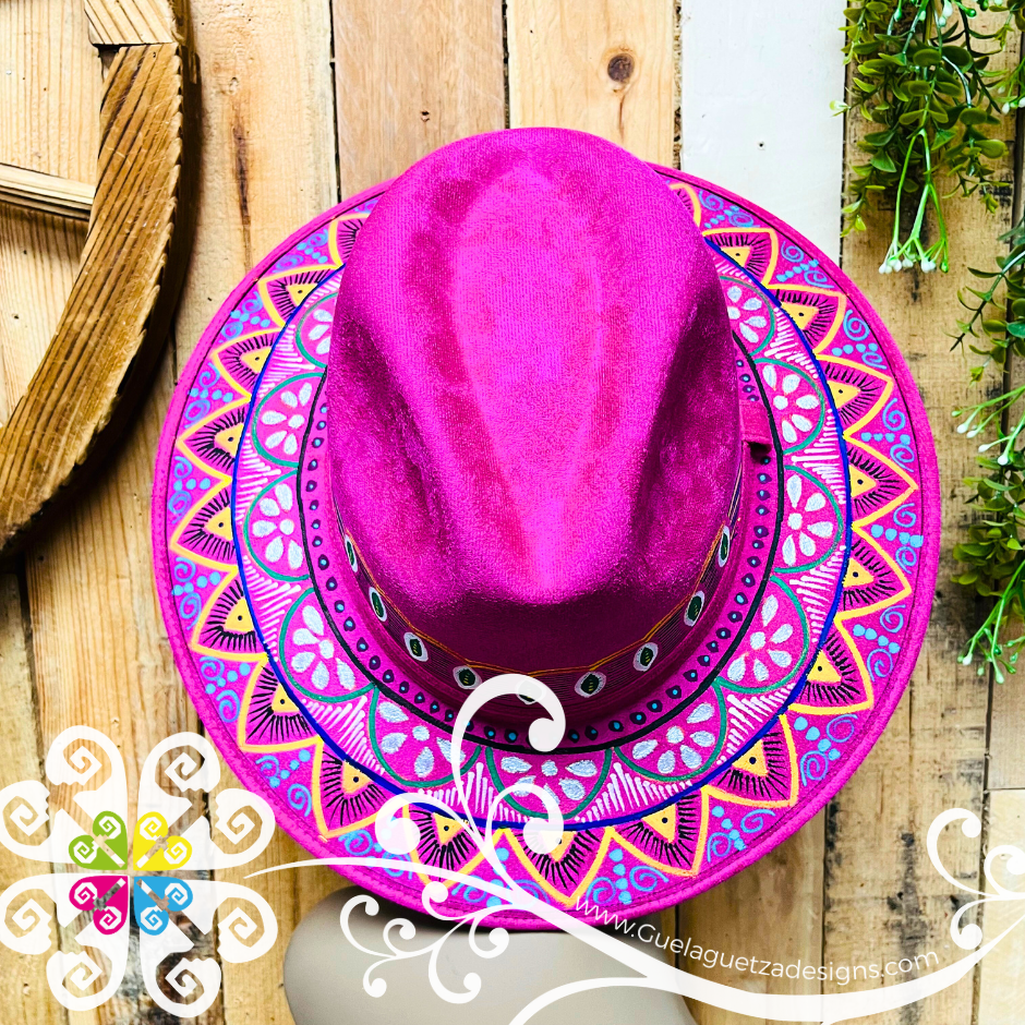 Fuchsia Indiana Mitla Velvet Hat - Hand Painted Hat