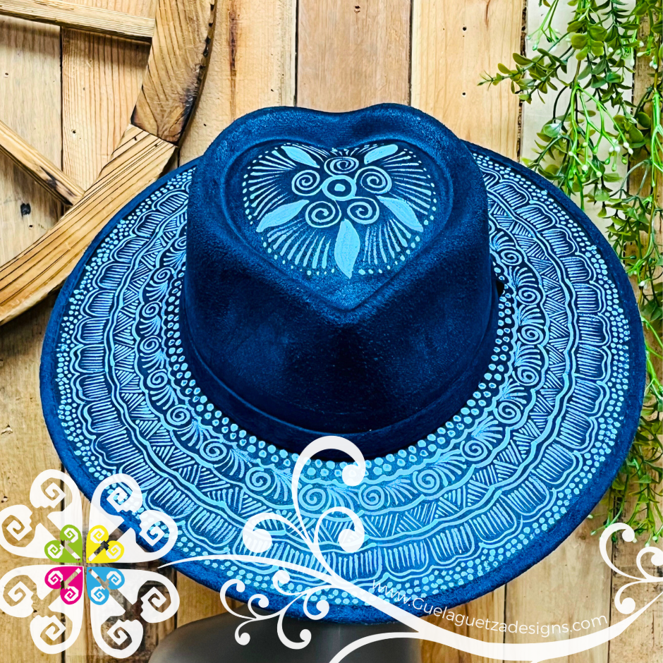 Navy Blue Heart Mitla Velvet Hat - Hand Painted Hat