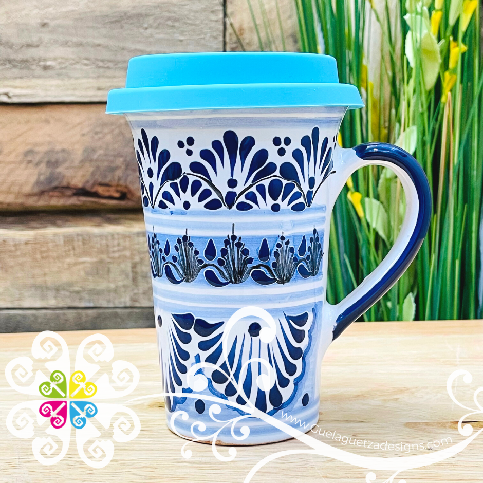 Blue Feathers Talavera Coffee Mug with Lid - Single Talavera Mug