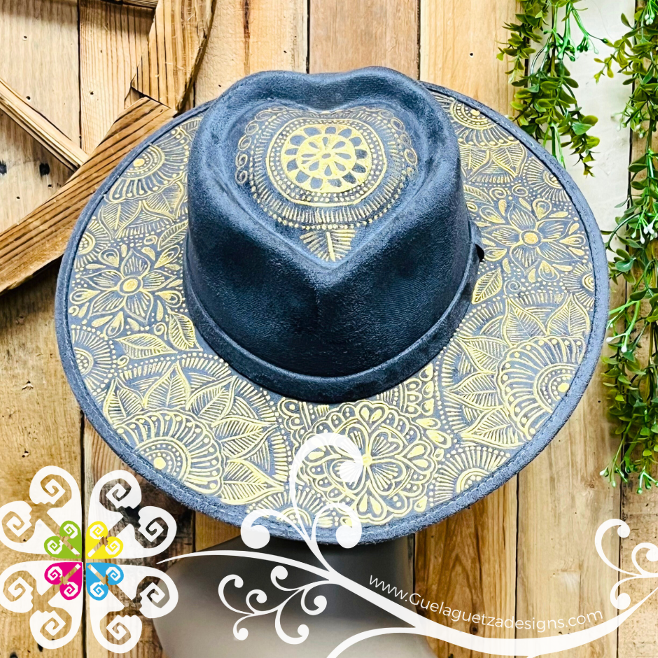 Dark Gray Heart Mitla Velvet Hat - Hand Painted Hat