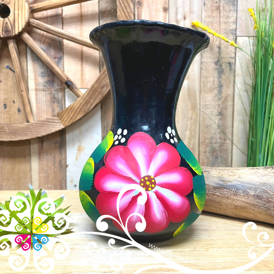 Large Black Clay Hand Painted Vase - Barro Negro Oaxaca