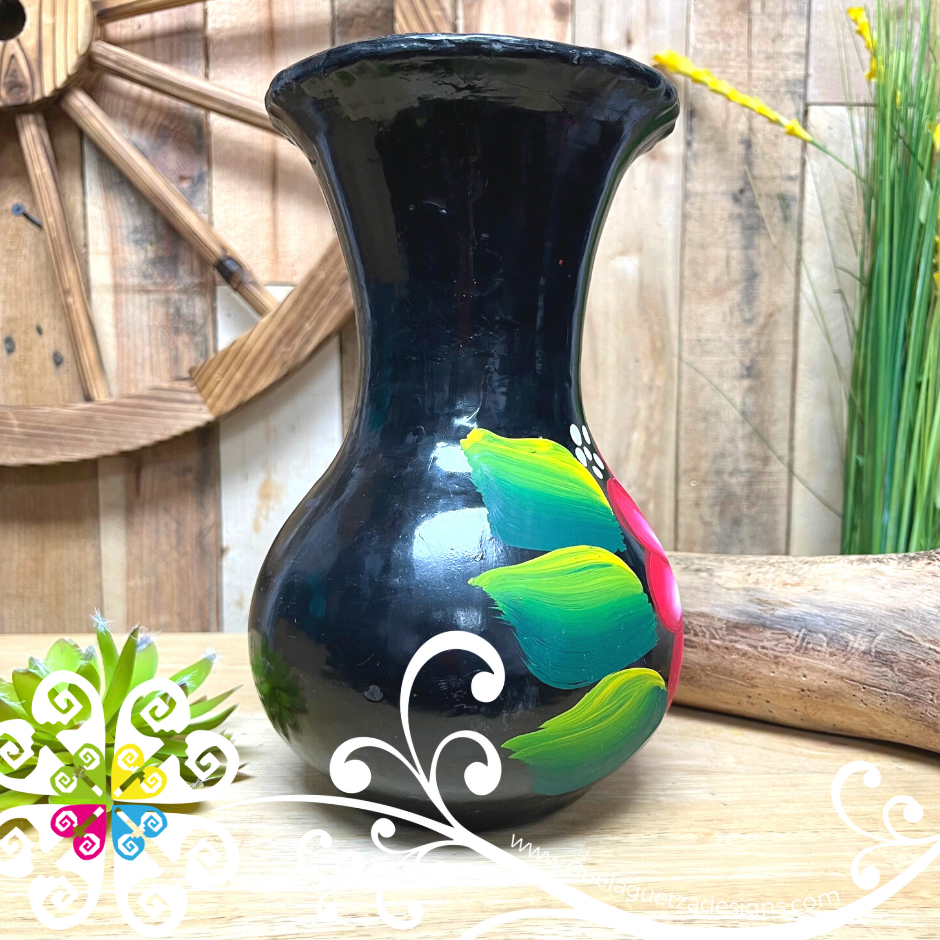 Medium Black Clay Hand Painted Vase - Barro Negro Oaxaca