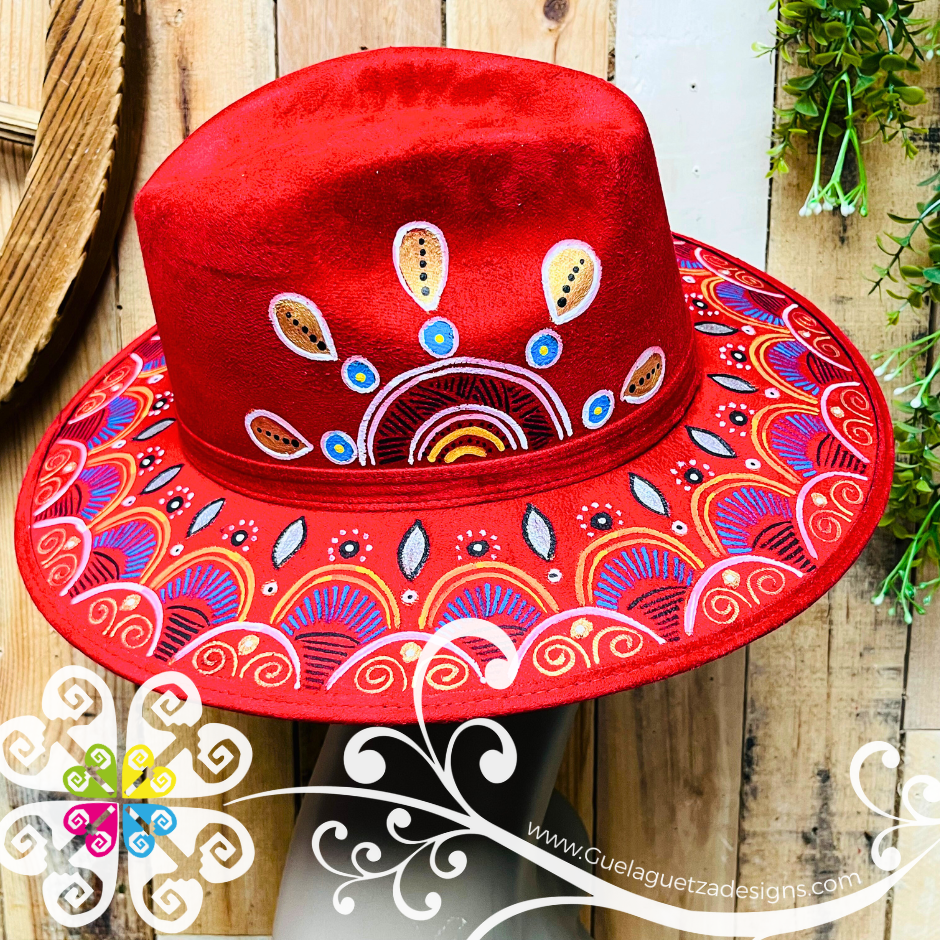 Wine Red Indiana Mitla Velvet Hat - Hand Painted Hat