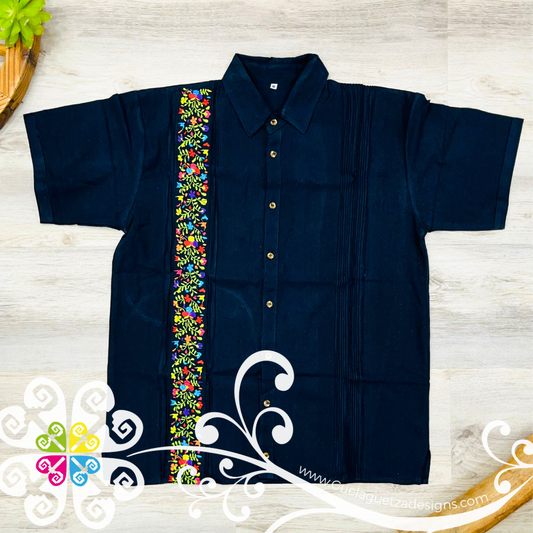 Navy Blue Vine Flowers - Embroider Men Shirt