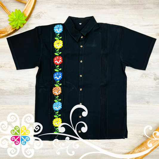 Black Tehuana Flowers - Embroider Men Shirt