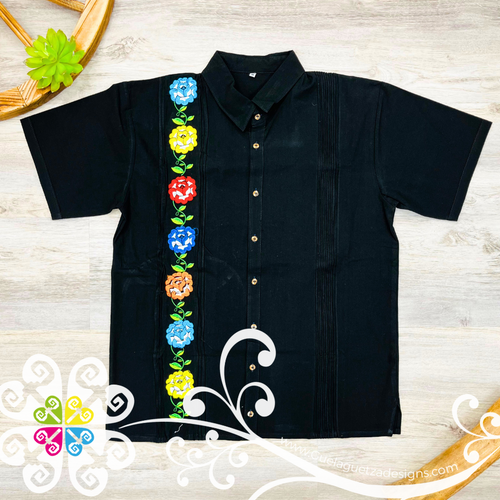 Black Tehuana Flowers - Embroider Men Shirt