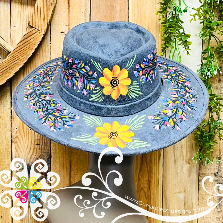 Dark Gray Heart Mitla Velvet Hat - Hand Painted Hat