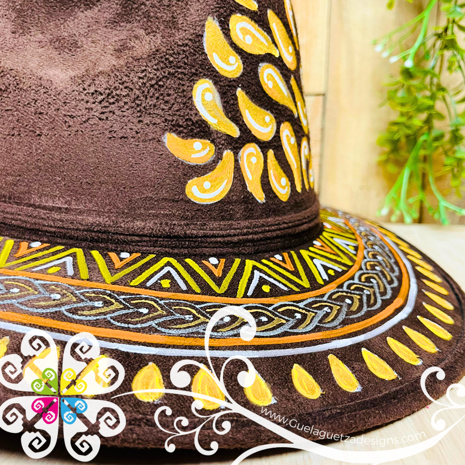 Dark Brown Indiana Mitla Velvet Hat - Hand Painted Hat