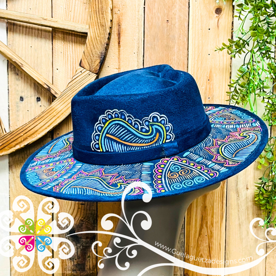 Navy Blue Heart Mitla Velvet Hat - Hand Painted Hat