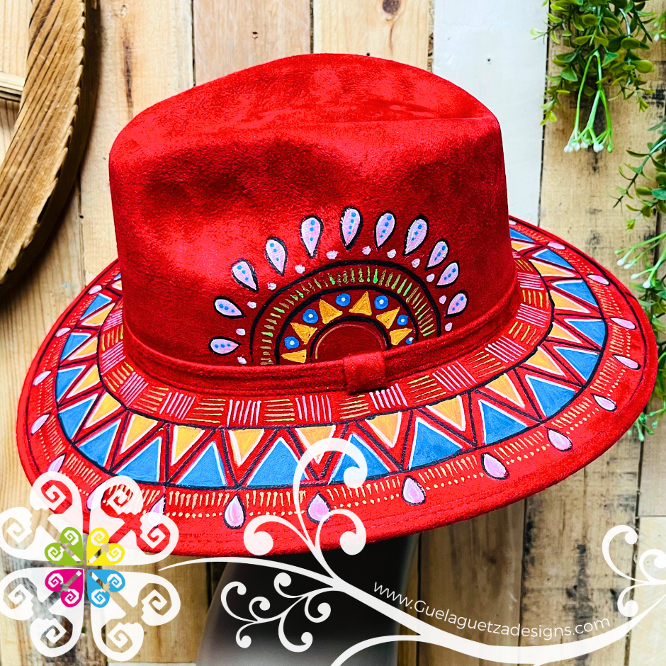 Wine Red Indiana Mitla Velvet Hat - Hand Painted Hat