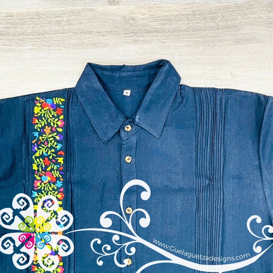 Navy Blue Vine Flowers - Embroider Men Shirt