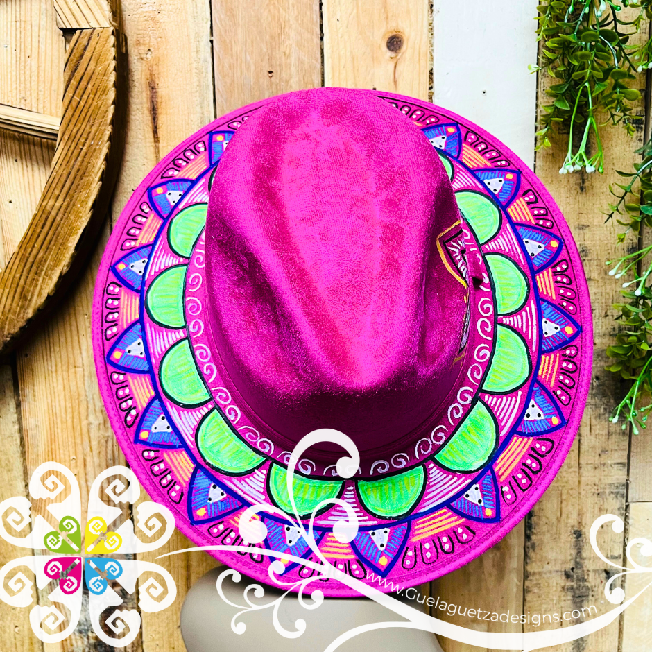 Fuchsia Indiana Mitla Velvet Hat - Hand Painted Hat