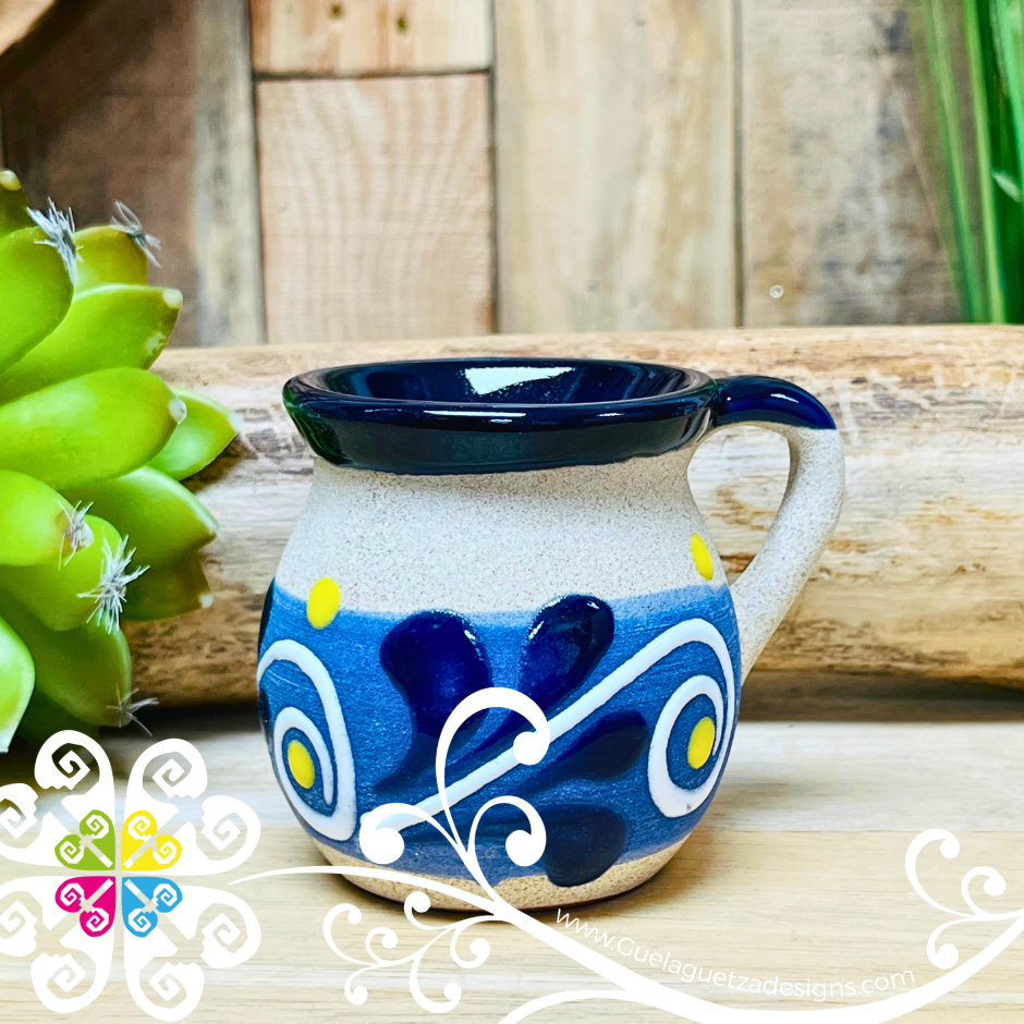 Set of 4 Small Mexican Feather Clay Mugs - Set Taza Barro