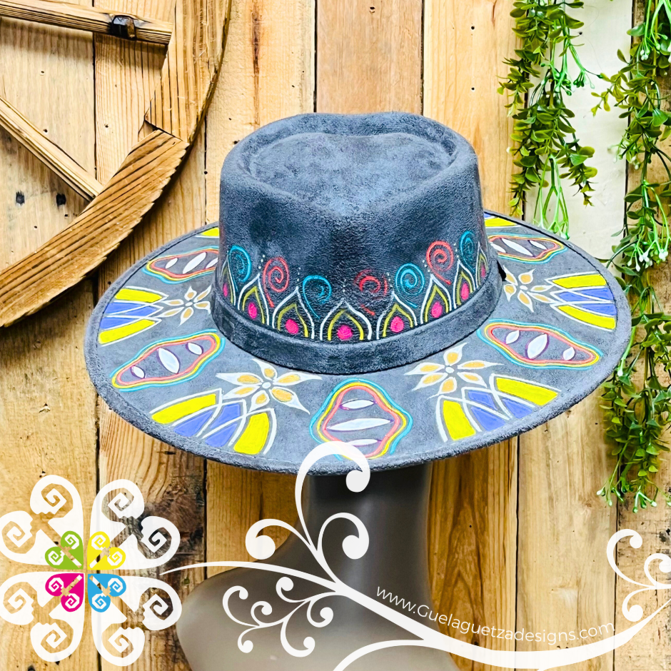 Dark Gray Heart Mitla Velvet Hat - Hand Painted Hat