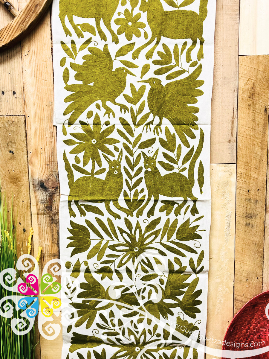 Olive Green Large Solid Color Otomi Table Runner - Camino de Tenango