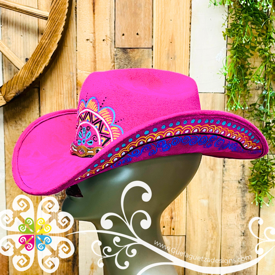 Fuchsia Mitla Cowboy Velvet Hat - Hand Painted Hat