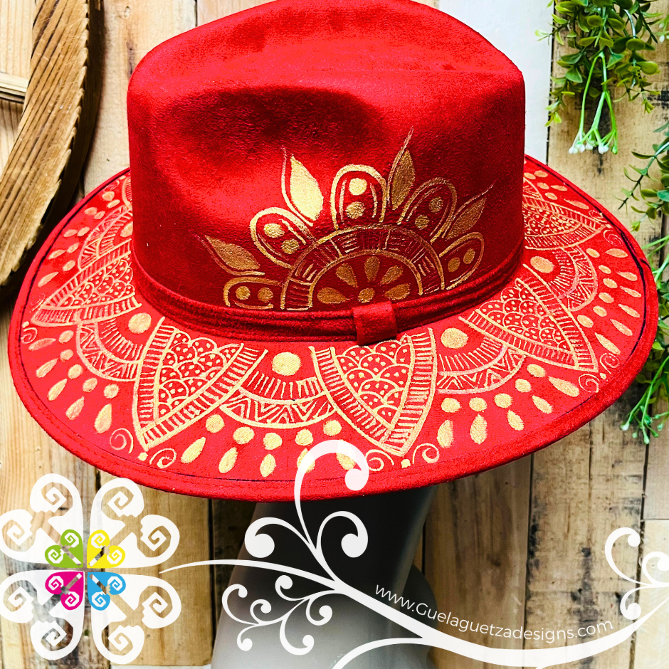 Wine Red Indiana Mitla Velvet Hat - Hand Painted Hat