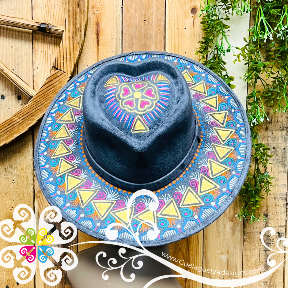 Dark Gray Heart Mitla Velvet Hat - Hand Painted Hat